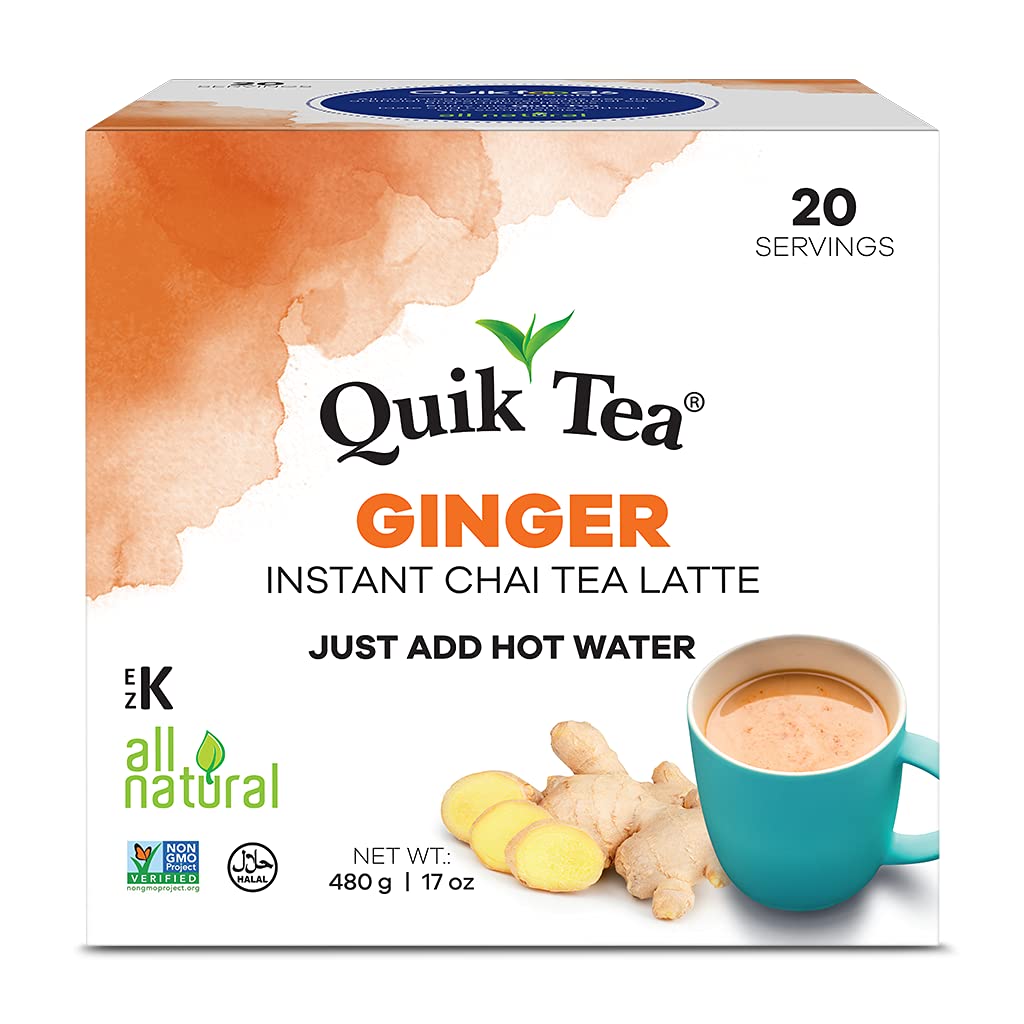 QuikTea Ginger Instant Chai Tea Latte - 20 Count Single Box - All Natural & Preservative Free
