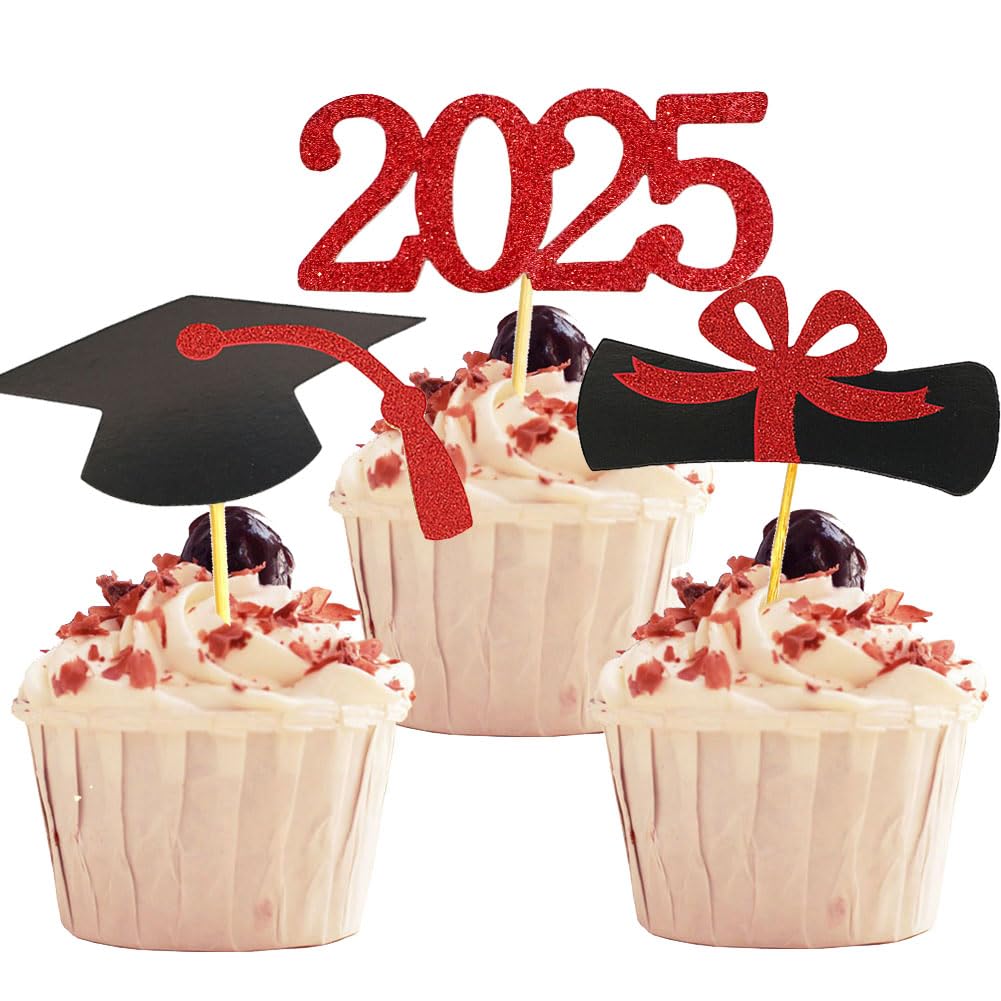 YuBoBo Graduation Cupcake Toppers, 48 PCS Food Picks, Red Paper Grad Cap & Diploma Decorations