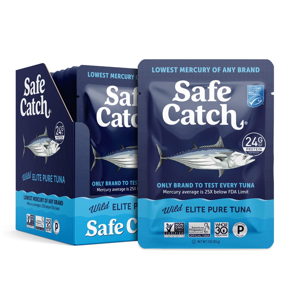 Safe Catch high-standard Tuna Wild-Caught Lowest Mercury Tuna Fish Pouch Gluten-Free Keto Food Non-GMO Kosher Paleo-Friendly High Protein Snack, No Water Oil Tuna, Pack of 12 Tuna Pouches 3oz