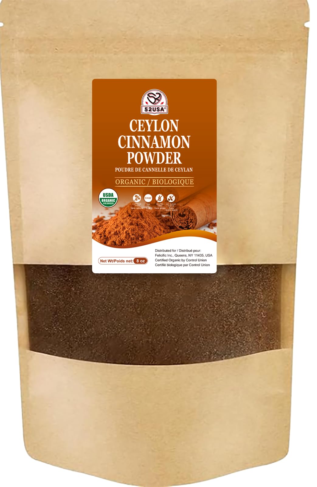 52USA Organic Ceylon Cinnamon Powder  8oz Resealable Bag | True Cinnamon from Sri Lanka  Non-GMO  Gluten-Free  Freshly Ground for Baking  Cooking & Beverages