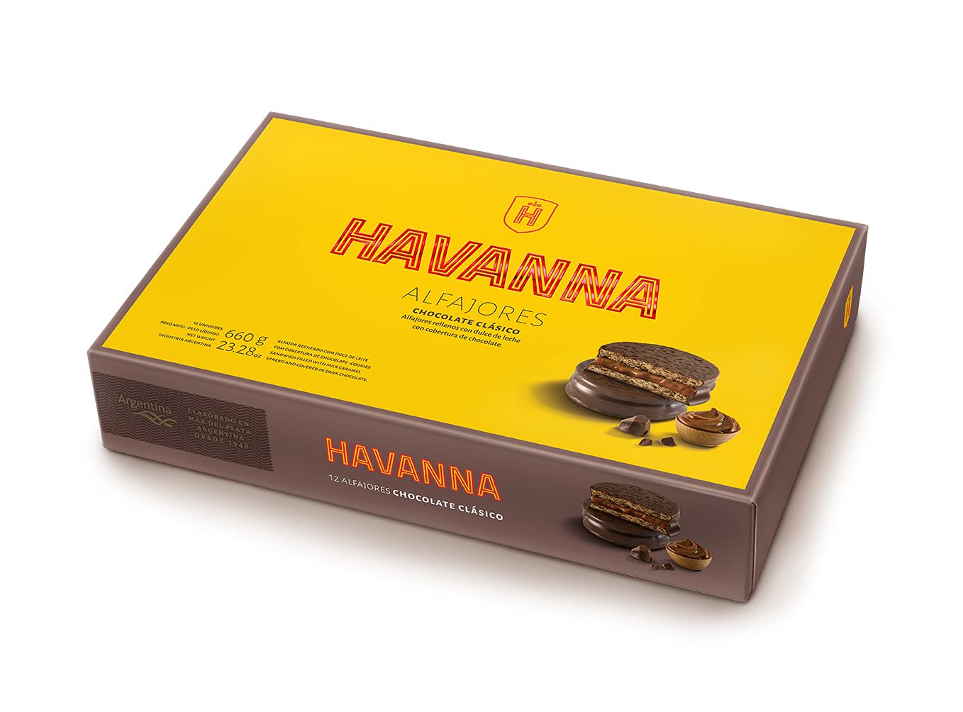 Havanna Alfajores Argentinos - Traditional Argentine Alfajores with Dulce de Leche (Milk caramel)  Coated in Semi-Sweet Havanna Chocolate - The Authentic and Original - Box of 12