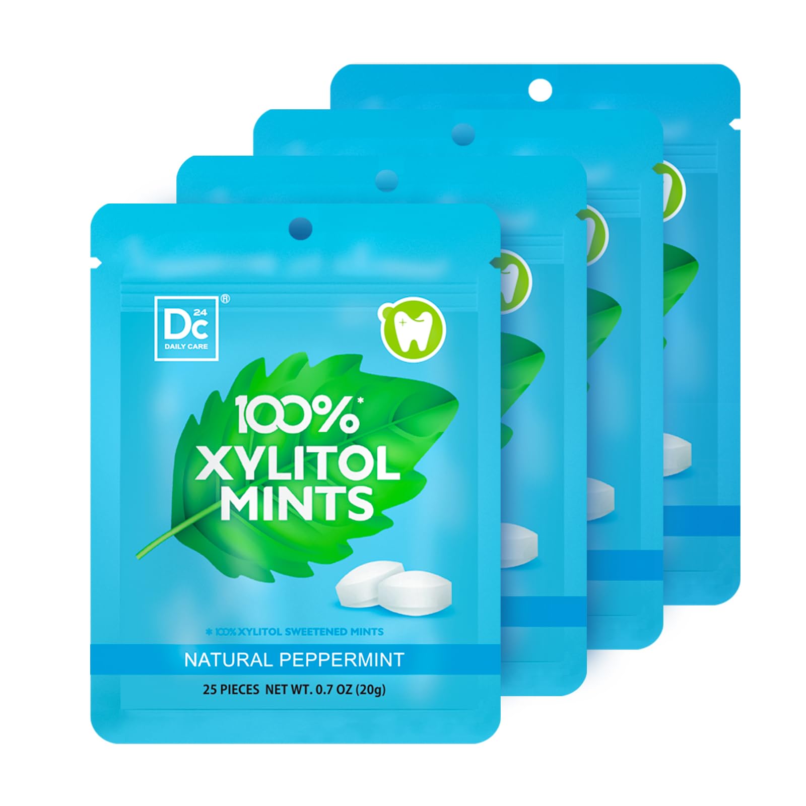 DC24 DAILY CARE Xylitol Mints - Sugar Free, Vegan, Gluten Free, Peppermint Flavor, 25 Pieces per Pack, 4 Packs