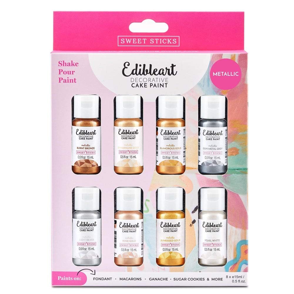 SWEET STICKS Edible Art Cake Paint, 0.5 Fl Oz, 8 Assorted Metallic Colors