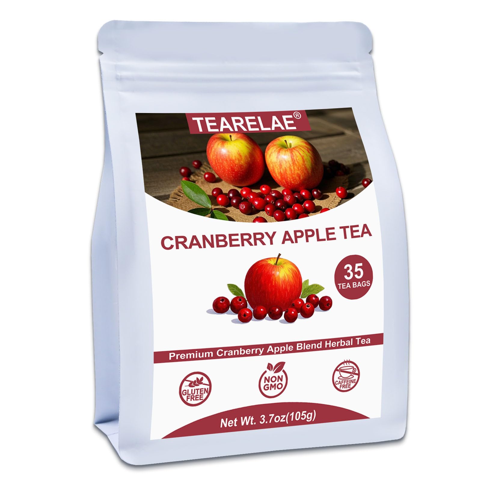 Tearelae - Cranberry Apple Tea Bags  35 Count - Top-Grade Cranberry Herbal Blend Tea With Dried Cranberries  Apples  Hibiscus  Rose Petals & Licorice Root - Energy Blend-Free - Perfect For Daily Refreshment
