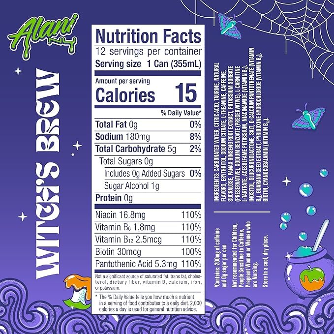 New Alani Energy Drink Witches Brew, Sugar Free, Low Calorie Energy Drinks, 12 Fl Oz Cans, 6 Pack