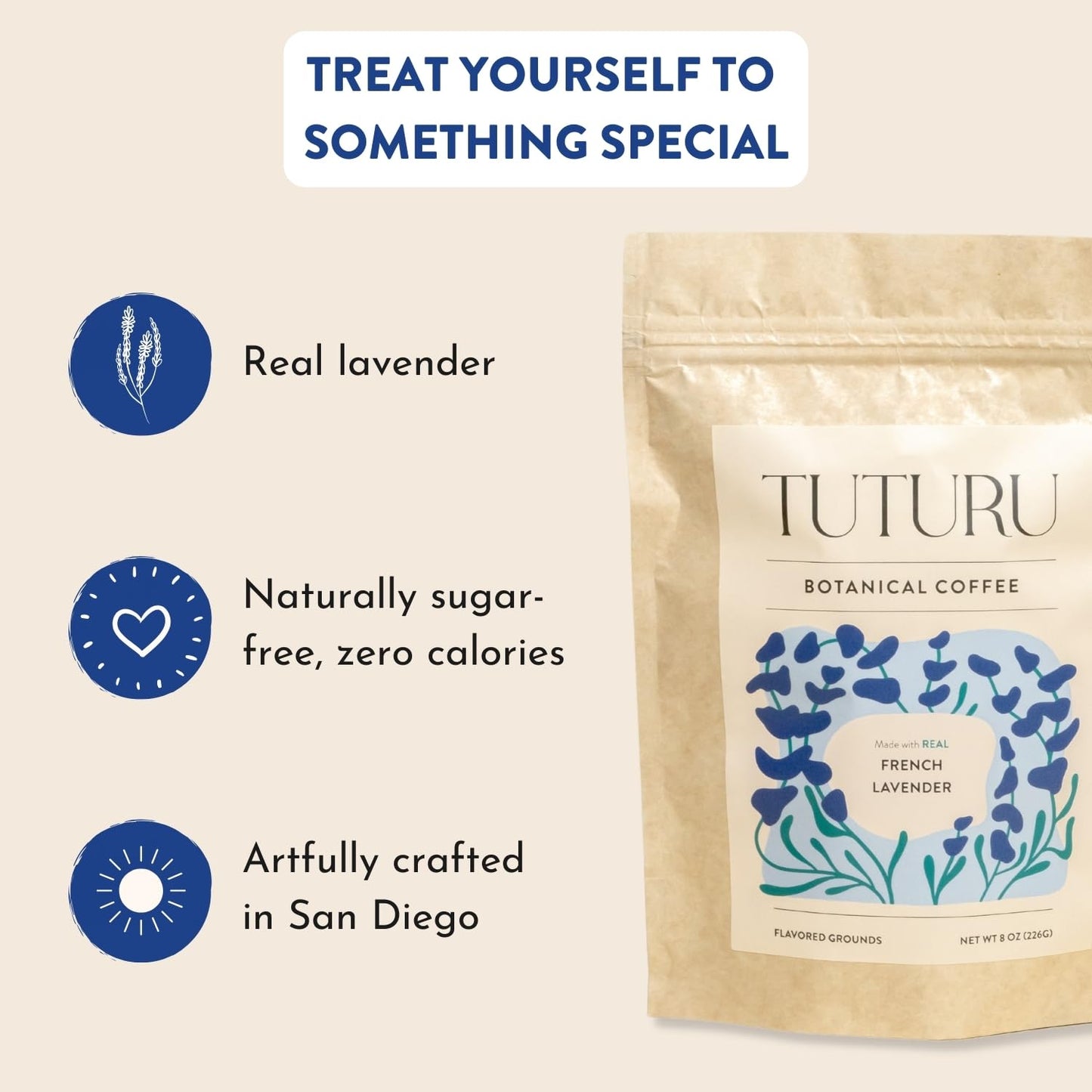 TUTURU Botanical Coffee Organic Lavender Ground Coffee, Medium Roast, Low-Acid, 8 oz, 22 Servings