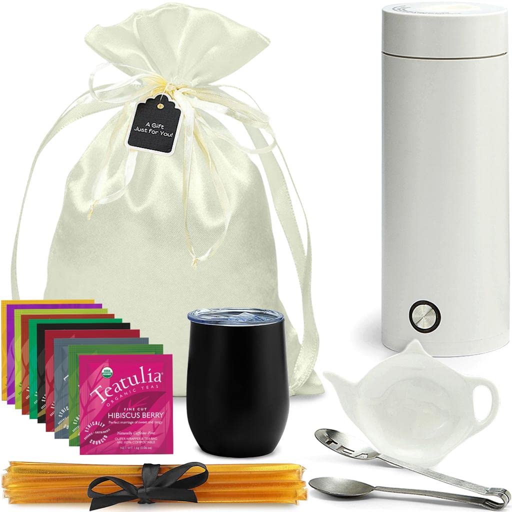 What-a-Surprize Organic Tea Gift Set - 25 Piece Tea Lovers Basket with Portable Kettle - White Kettle - Satin Color