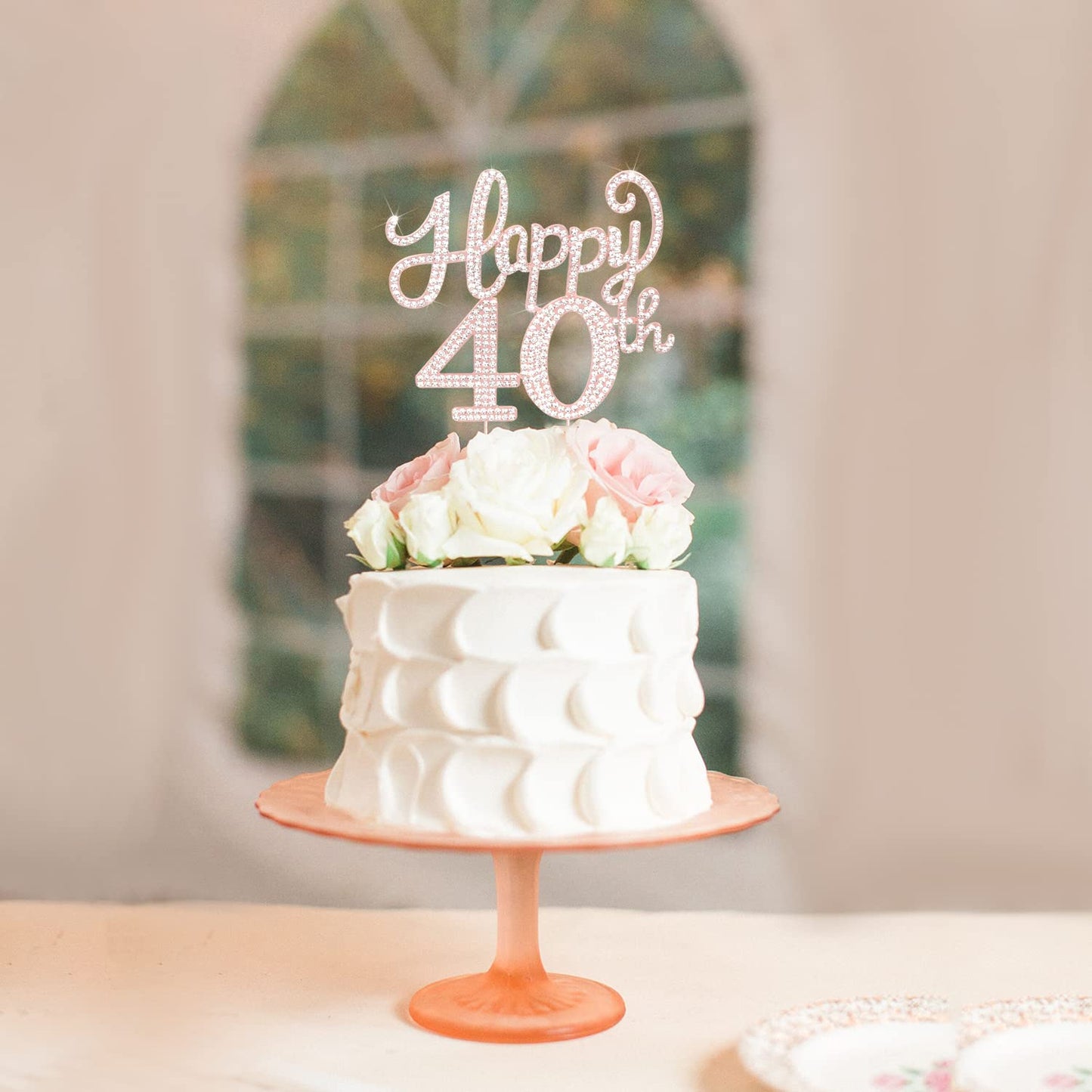 Happy 40Th Birthday Rose Gold Rhinestone Cake Topper - 40Th Birthdayanniversary,Cheers To Forty Years Old Bday Party Metal Spark