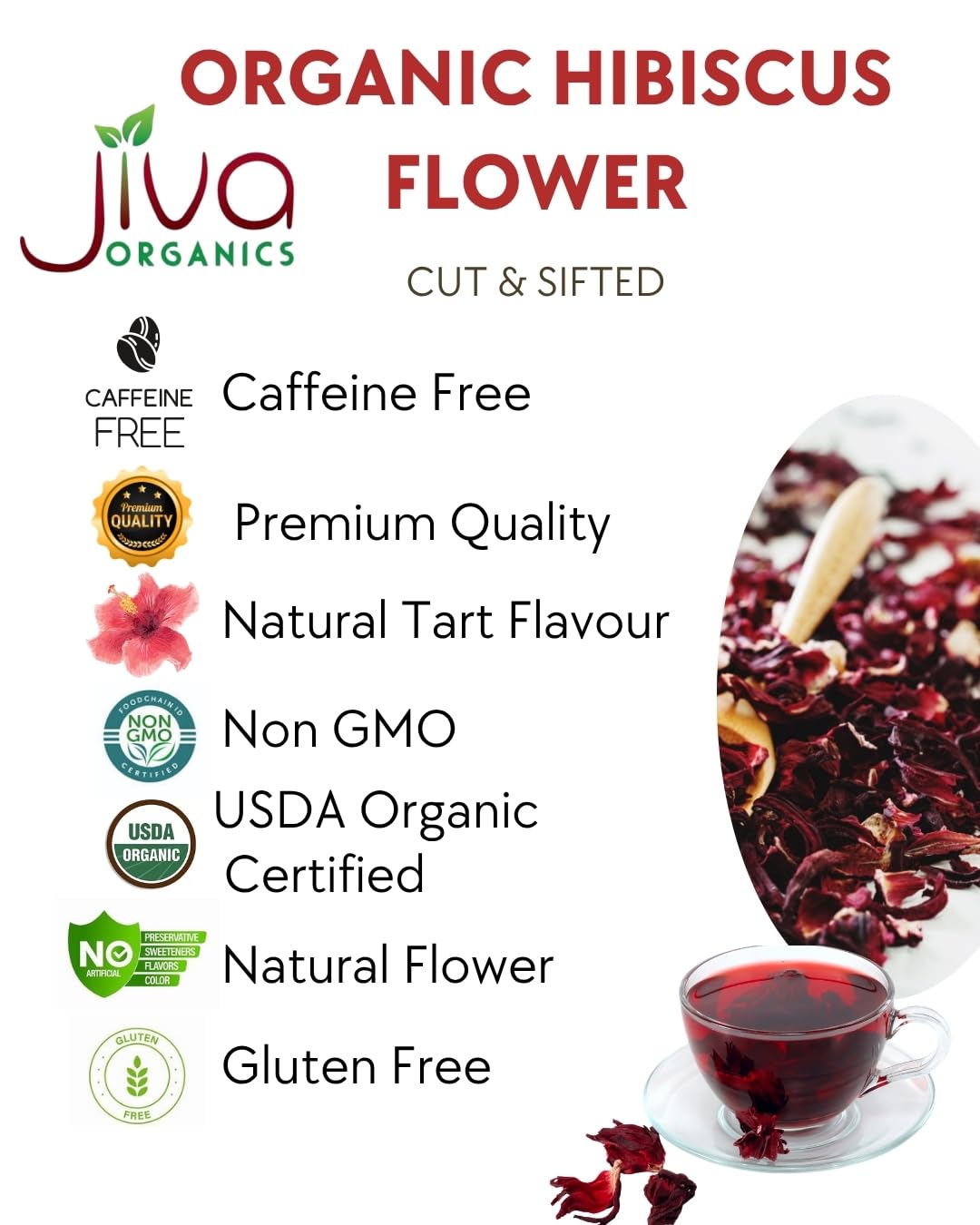 Jiva Organics Organic Hibiscus Flowers - 100% Pure, Gluten Free, Non GMO, Caffeine Free, 2 LB Jumbo Bulk Bag