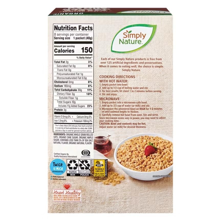 Simply Nature Organic Instant Oatmeal Packets (2 Boxes, Maple Brown Sugar)