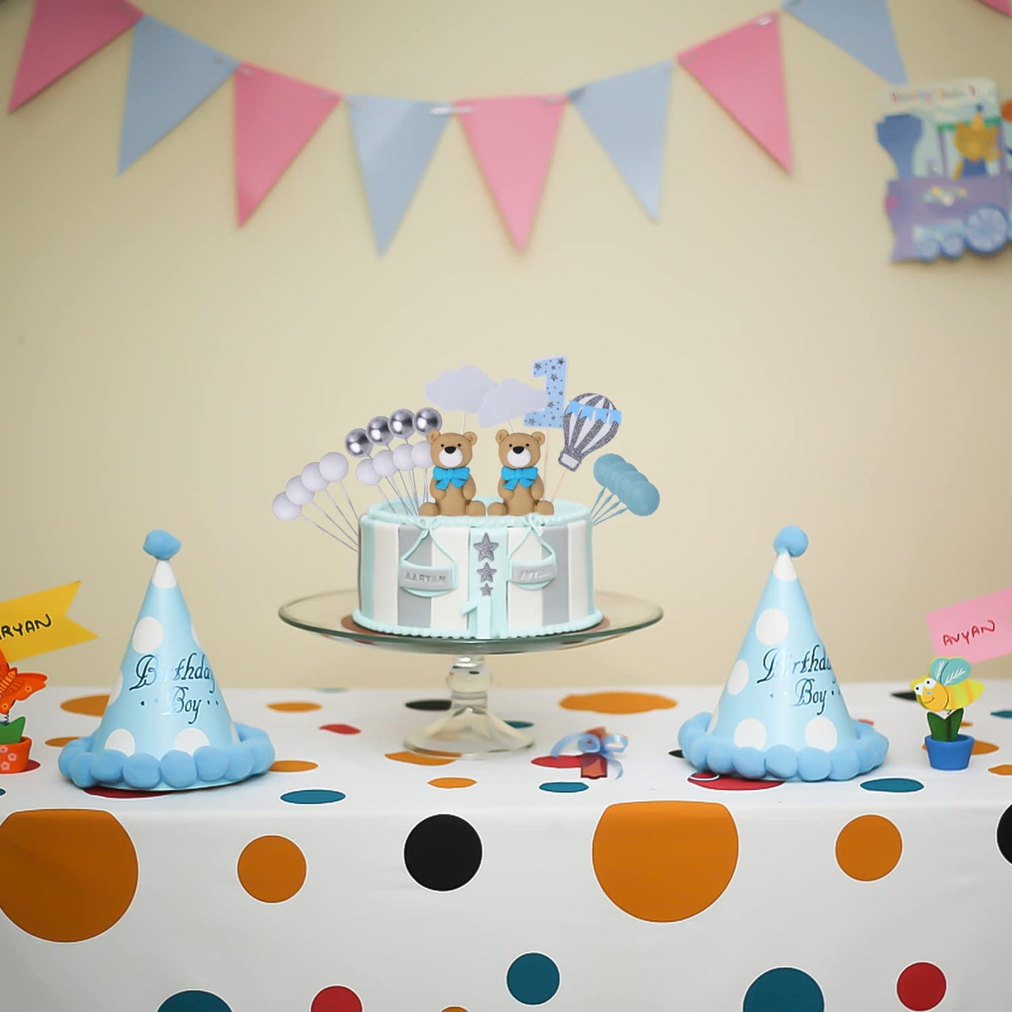 Blingabc Bear Cake Topper 49Pcs,3D Twin Bears With Balls Clouds Glitter Stars Cake Decoration For Boy Birthday Baby Shower Teddy