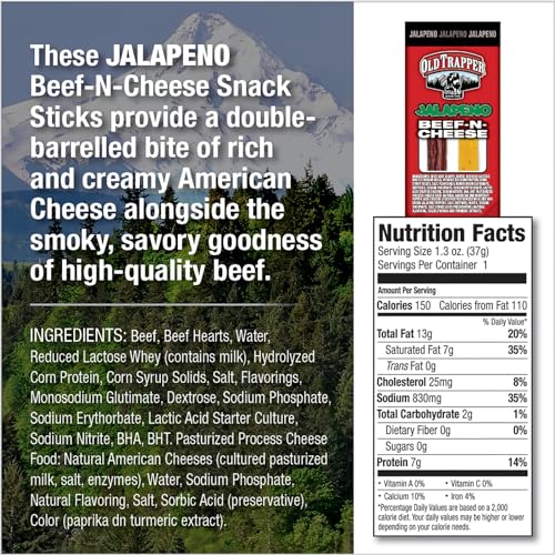 Old Trapper Beef-N-Cheese, Jalapeo Flavor, 1.3-Ounce Individual Package, Spicy And Savory Beef Stick And American Cheese Snack P