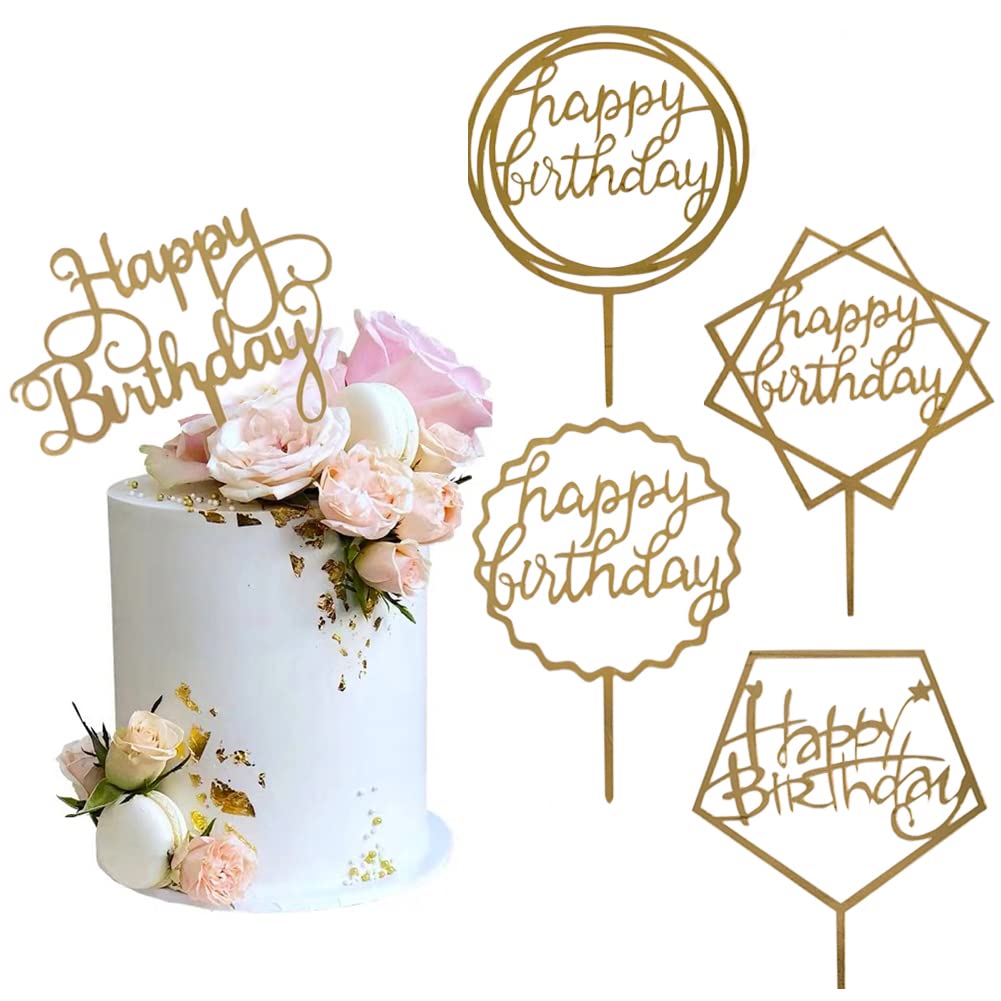 Gold Cake Topper Acrylic Happy Birthday Cake Decoration Supplies (5 Pieces)