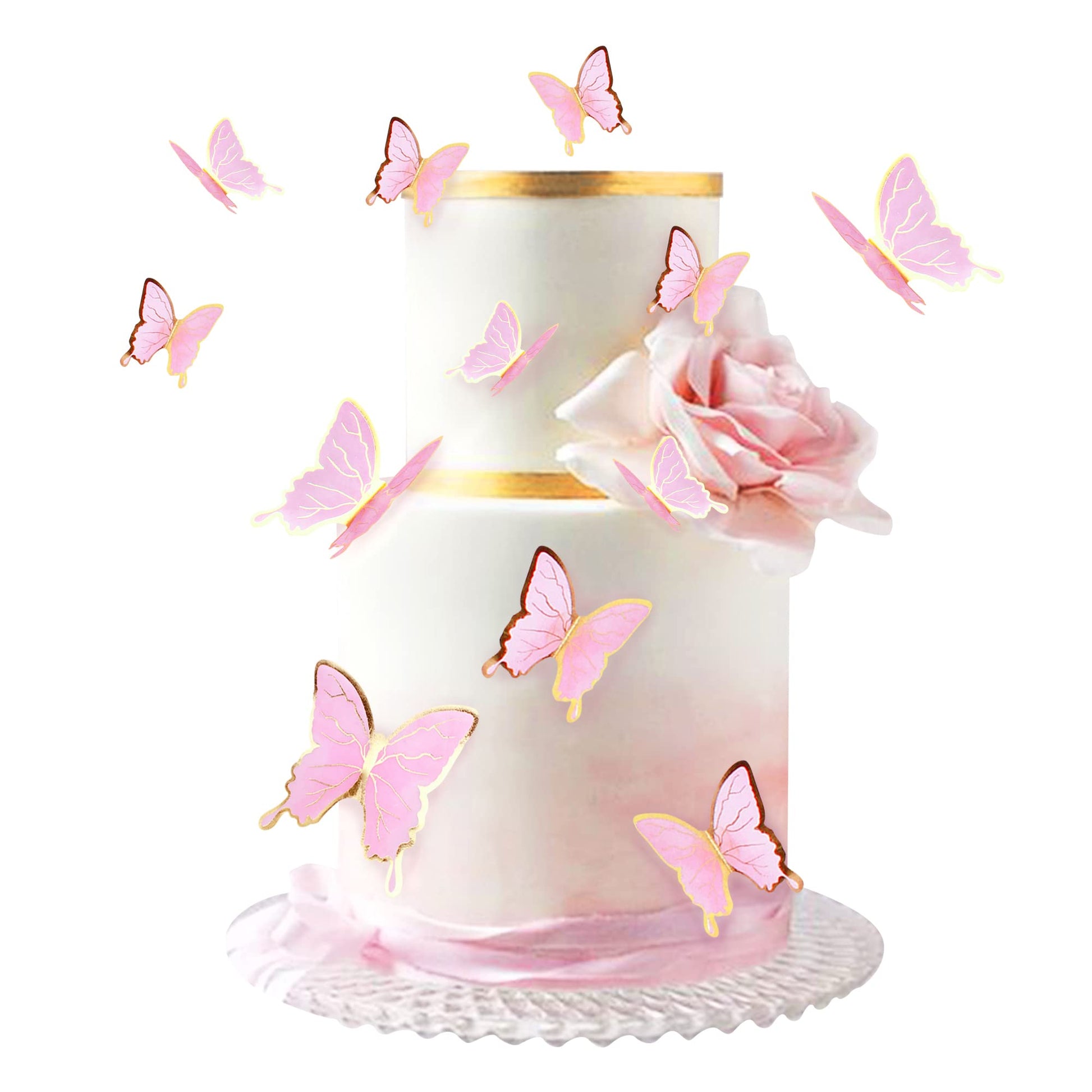 Cyodoos 30Pcs Pink Gold Edge Mixed Size Lively 3D Waterproof Swllowtail Butterfly Cupcake Topper For Girls Women'S Happy Birthda
