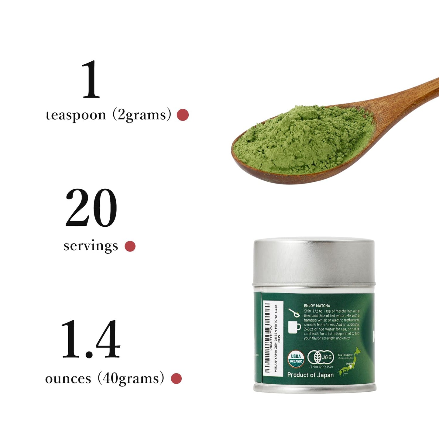 MIKAN YAMA ZEN GREEN Organic Matcha Powder, 100% Authentic Japanese Ceremonial Grade, 40g (1.41oz) - Saemidori Cultivar