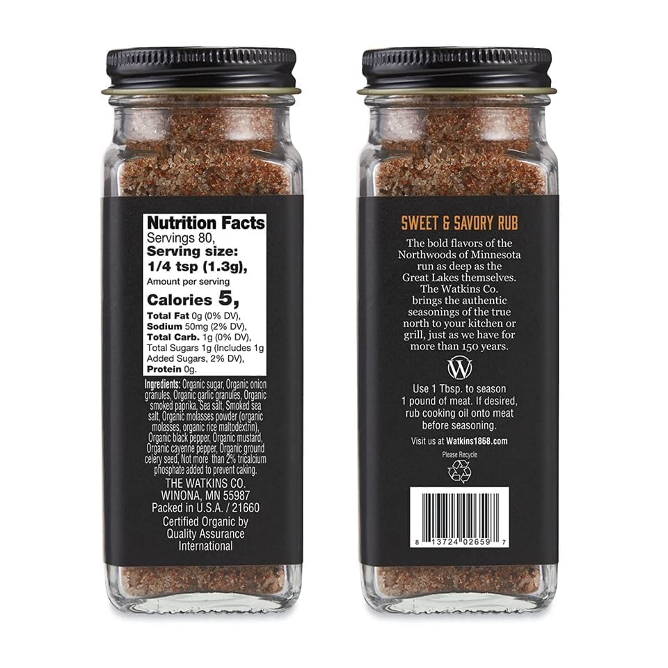 Watkins Organic Grilling Rub, Non-GMO, Kosher, 3.6 Oz, 1-Pack, Sweet and Savory Flavor