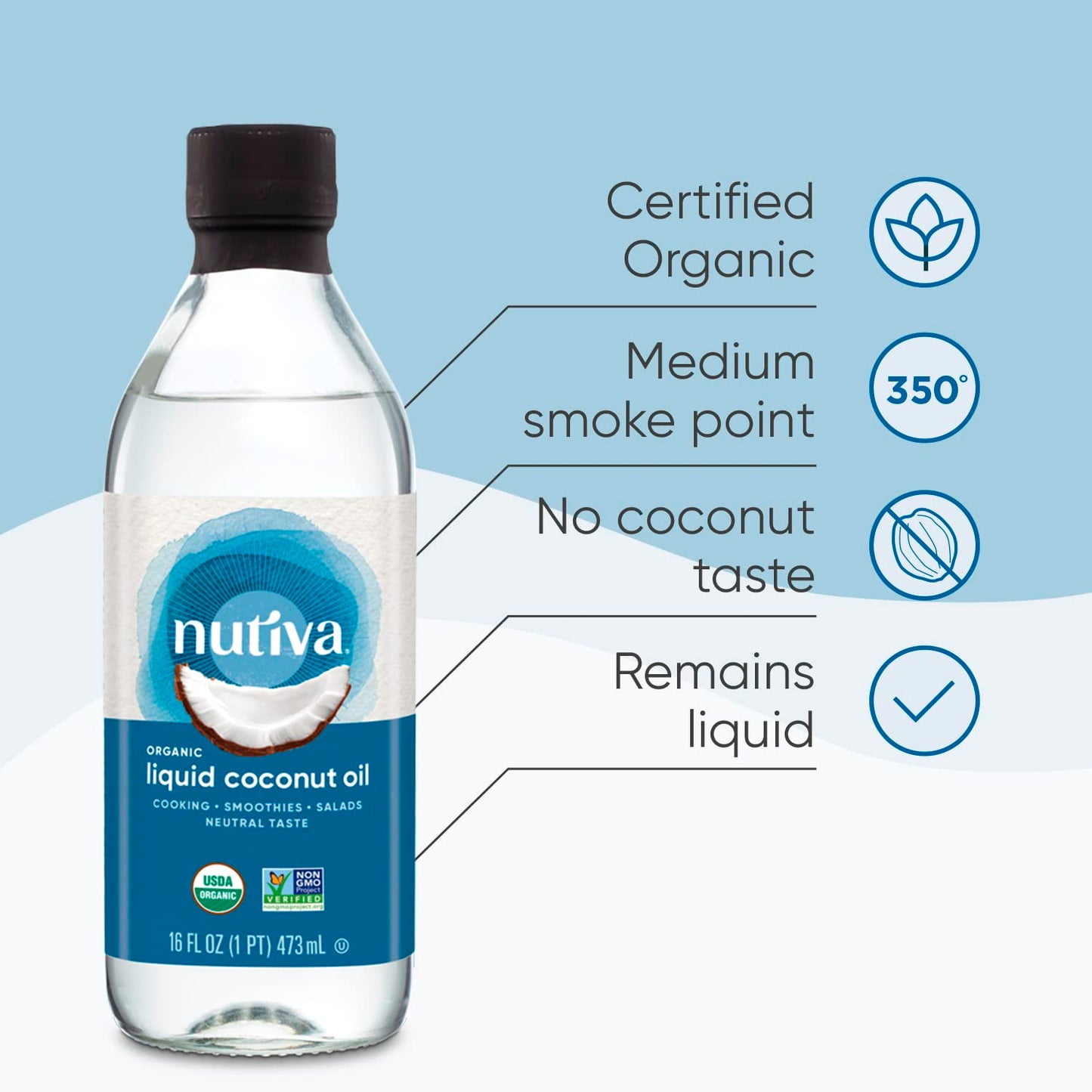 Nutiva Organic Liquid Fractionated Coconut Oil, 16 Oz, Usda Organic, Non-Gmo, Non-Bpa, Vegan, Keto, Paleo, Use For Cooking Or Moisturizer For Skin, Massage And Hair