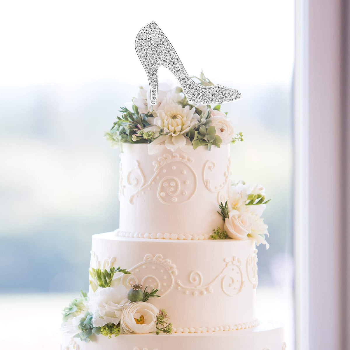 LINGTEER High Heel Cake Topper Silver Rhinestone Crystal 3.94x6.69
