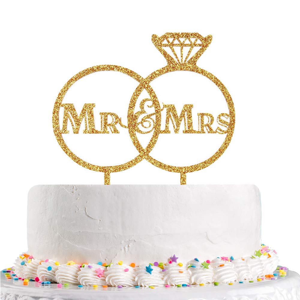 Gold Diamond Ring Mr And Mrs Cake Topper For Wedding, Bride To Be, Groom Bridal Shower Party Decoration (Acrylic)