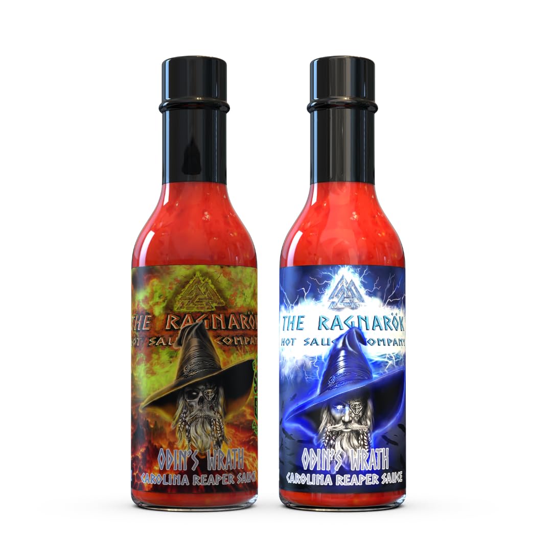 Odins Wrath Carolina Reaper Hot Sauce Gift Set For Chili Heads | The Ragnarok Hot Sauce Co. 2 Bottle Extreme Heat Combo | Includes 5 Million Scoville Pepper Extract Sauce