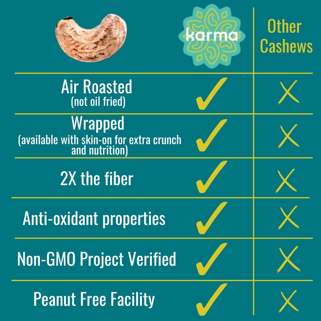 Sea Salt Wrapped Whole Cashews by Karma Nuts, Air Roasted with Natural Skins, 2X more Fiber, Whole 30, Peanut-Free Facility, Kos