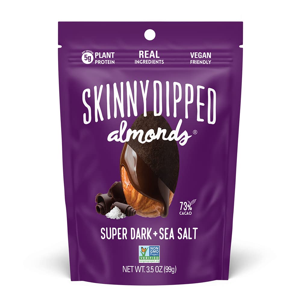 Skinnydipped Super Dark Chocolate + Sea Salt Almonds  Vegan  Healthy Snack  Plant Protein  Gluten Free  3.5 Oz Resealable Bags  Pack Of 10