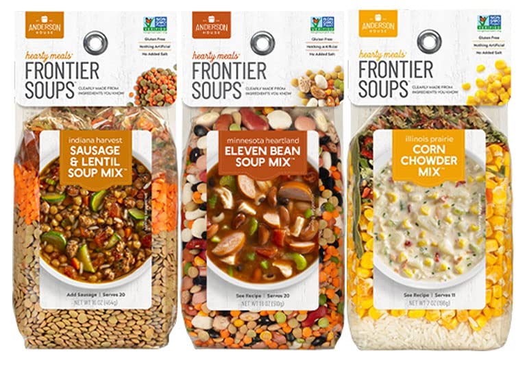 Frontier Soups Hearty Meals 3 Flavor Variety Bundle: (1) Indiana Harvest Sausage & Lentil, (1) Minnesota Heartland 11-Bean and (