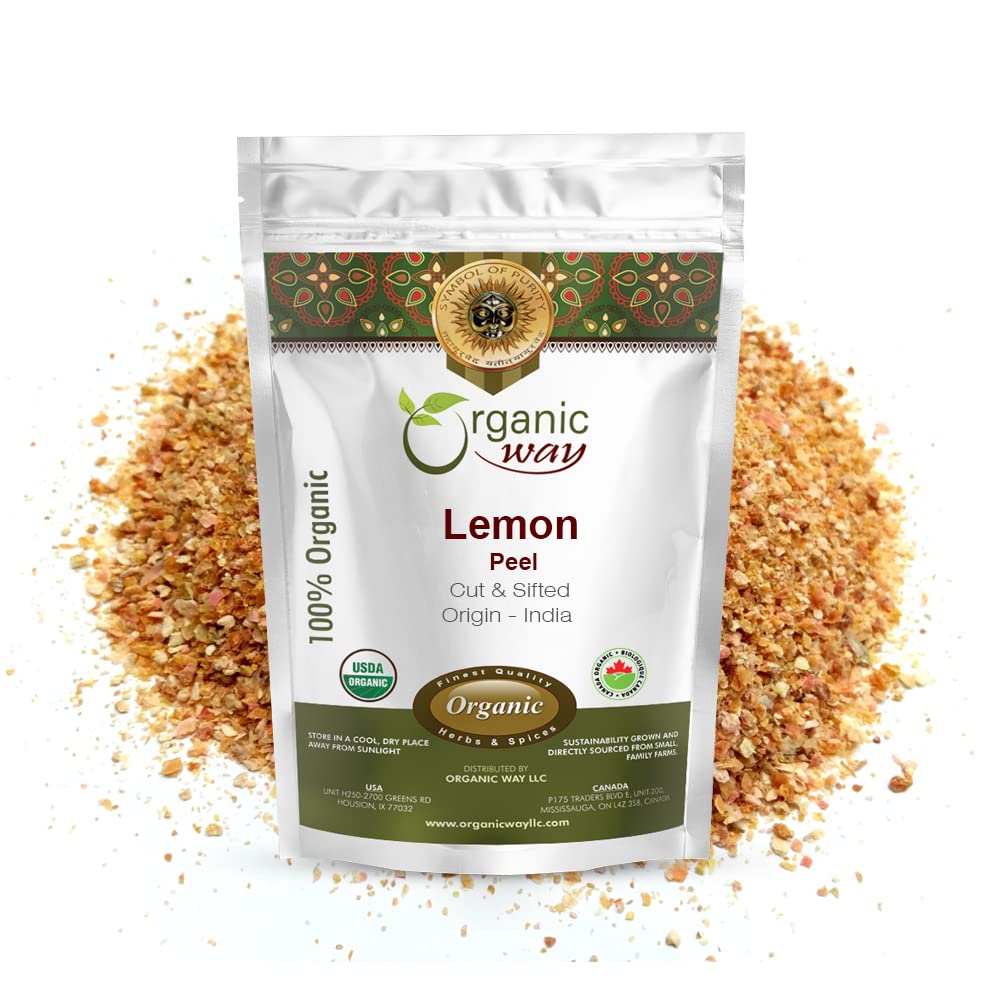 Organic Way Dried Lemon Peel Cut & Sifted - Organic, Kosher Certified, Vegan, Non-GMO, Gluten Free, 1/4 LBS, Origin - India