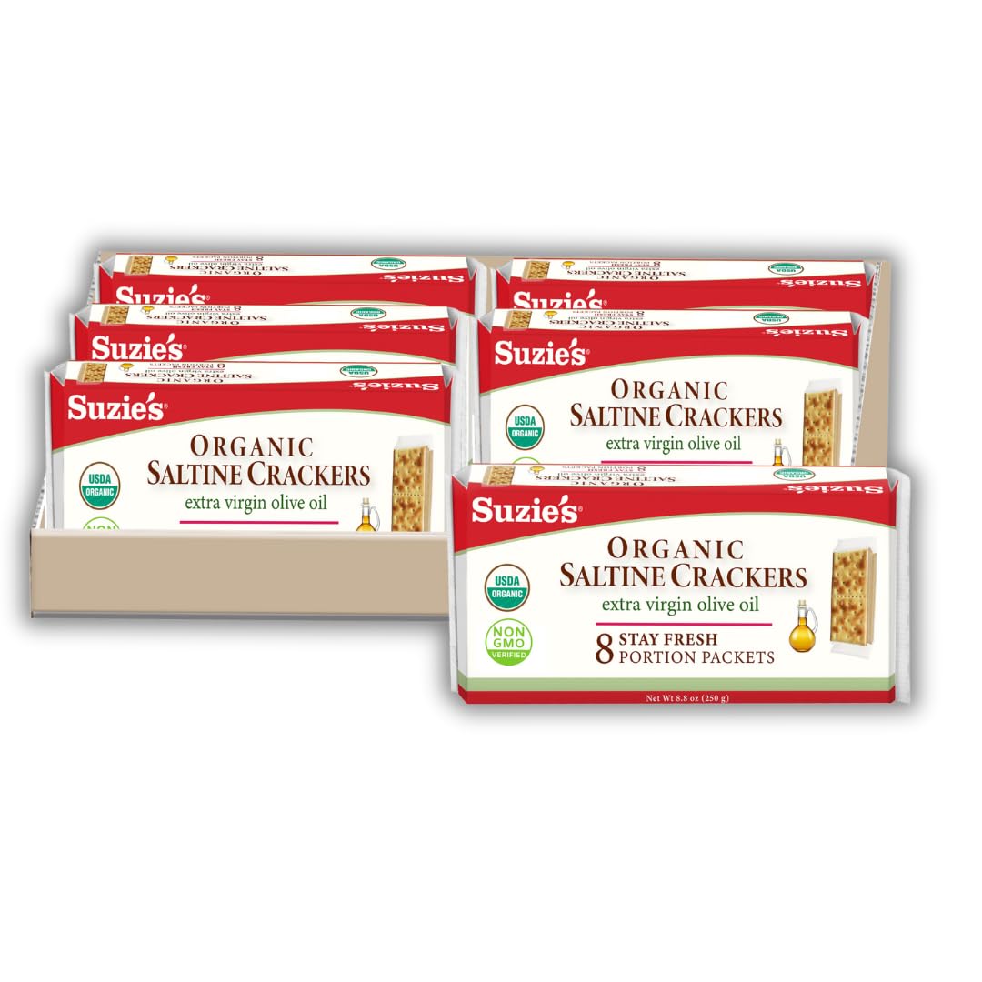 Suzies Organic Saltines  ers|Salted w/Extra Virgin Olive Oil|Low Saturated Fat|Healthy Gourmet Baked Vegan Snack for mature-themeds & Children| 6 Packs (48 individual Stay Fresh Packs) - 8.8oz Each