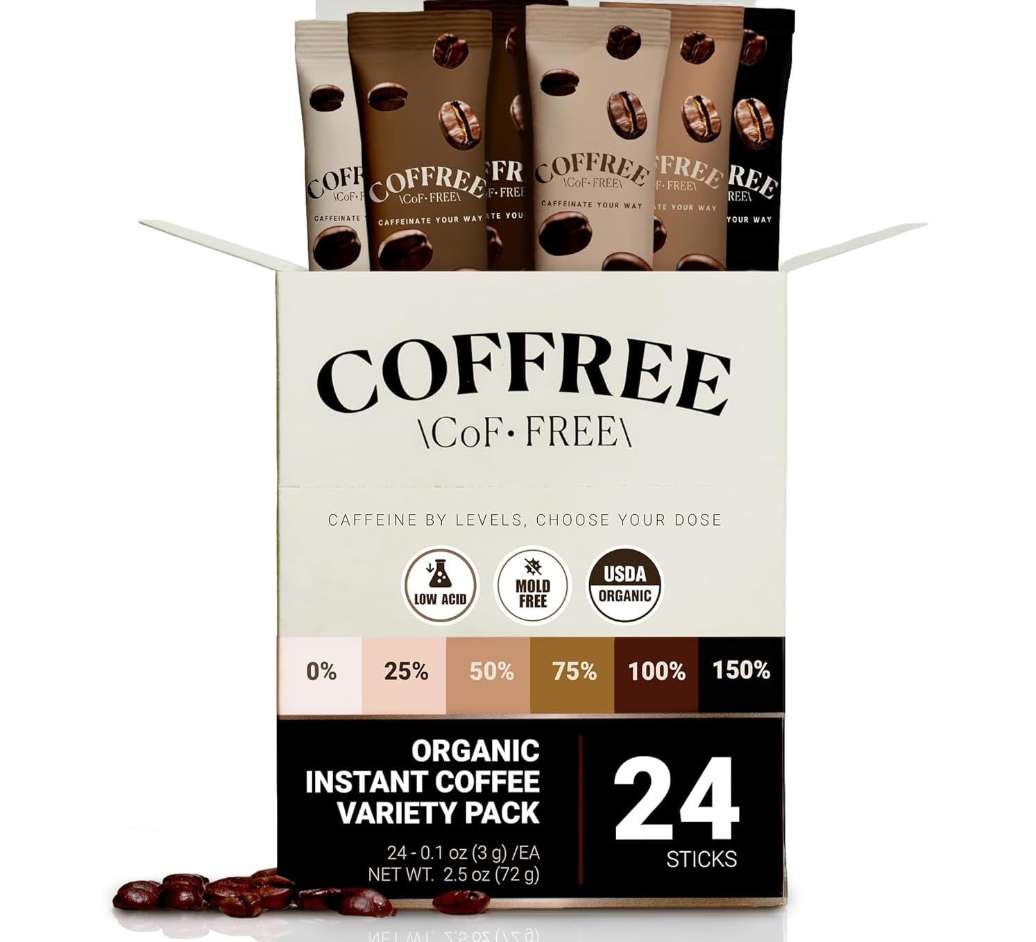 COFFREE Organic Instant Coffee Packets Variety Pack - Convenient Single Serve Coffee Sticks  Mold Free  Low Acid Arabica for On-the-Go Energy - 0-150% Caffeine Options for Hot or Cold Brew - 24 Count