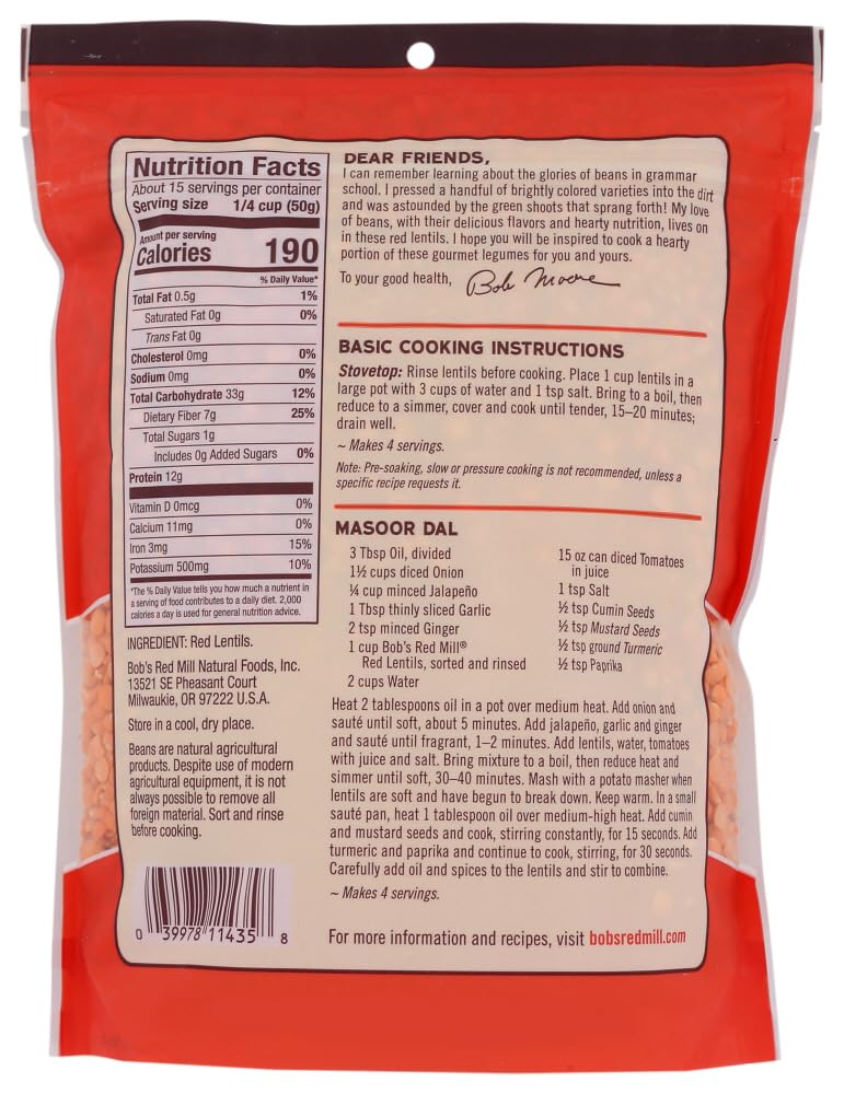 Bobs Red Mill Red Lentils, 27 Oz (Pack of 1) - Non GMO, Vegan, Kosher