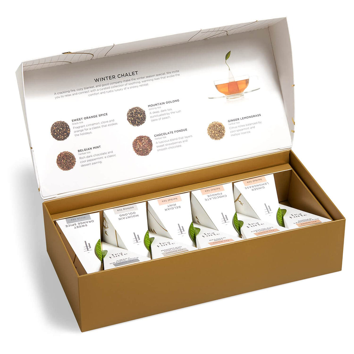 Tea Forte Petite Presentation Box Winter Chalet Tea Sampler Gift Set, 10 Assorted Variety Handcrafted Pyramid Tea Infuser Bags With Winter Spiced Teas