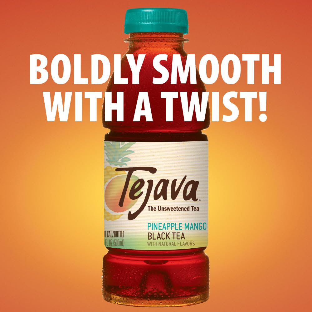 Tejava Pineapple Mango Black Iced Tea, 12 Pack, 16.7Oz Pet Bottles, Unsweetened, Non-Gmo, Kosher, No Sugar Or Sweeteners, No Cal