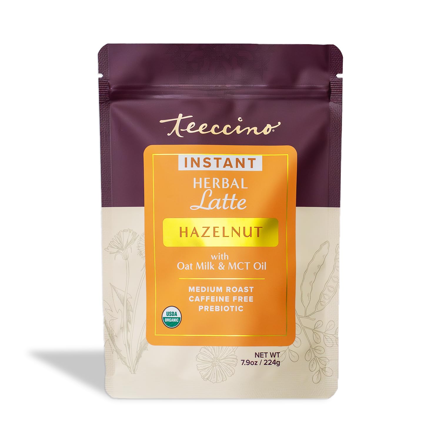 Teeccino Organic Instant Hazelnut Herbal Latte - 14 Servings - Creamy Oat & Coconut Latte Plus Mct Oil With Buttery Hazelnuts & Dates Accenting Roasted Chicory - Prebiotic  Energy Blend-Free - 7.9 Ounces