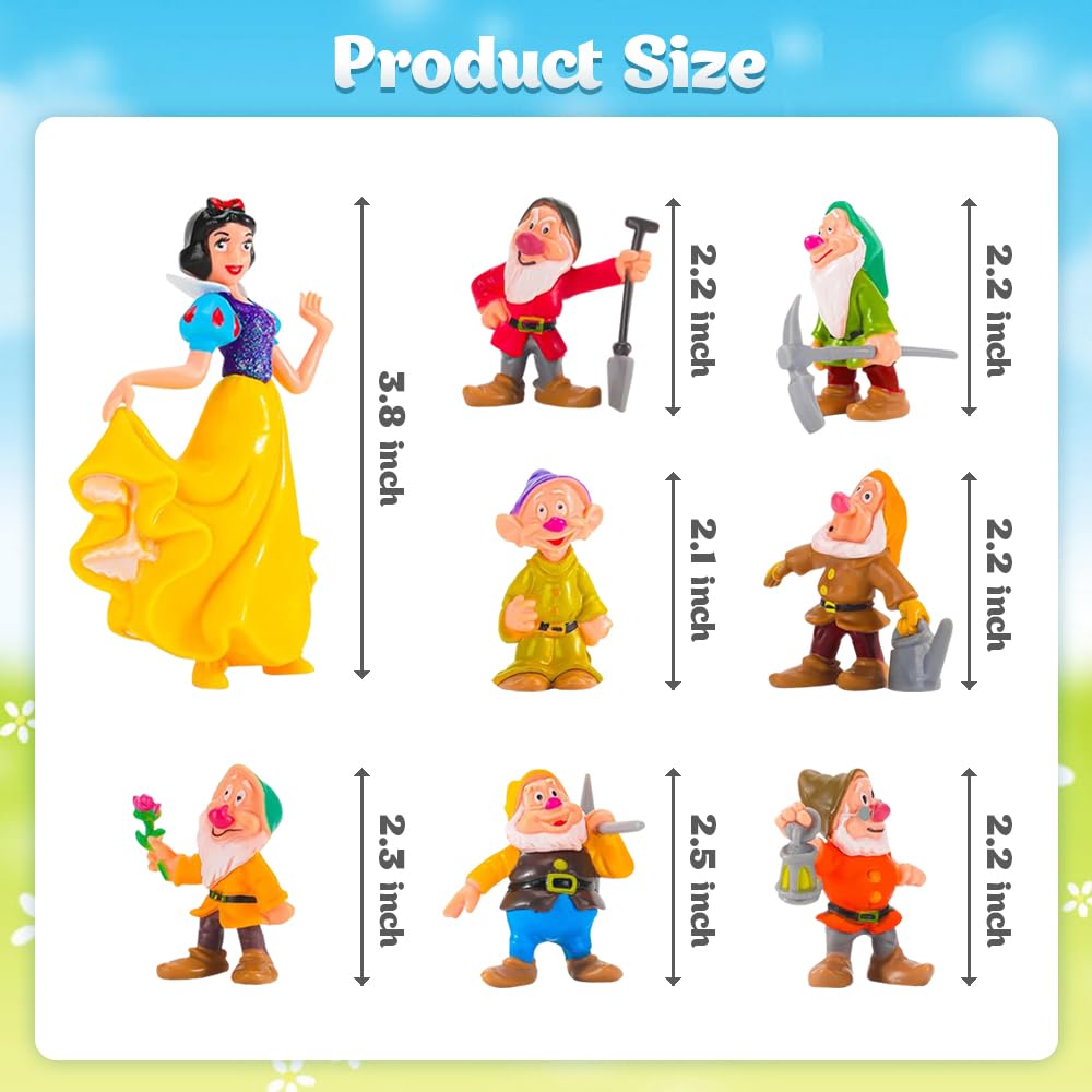 Snow White And The Seven Dwarfs Mini Figurines - 8Pcs Set Princess Figurines With All 7 Dwarfs - Princess Cake Topper Ideal For