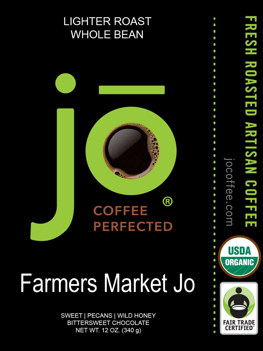 Jo Coffee Organic Whole Bean Coffee, Lighter Roast, 12 oz, Fair Trade, Non-GMO, Gluten Free, 100% Arabica, Kosher
