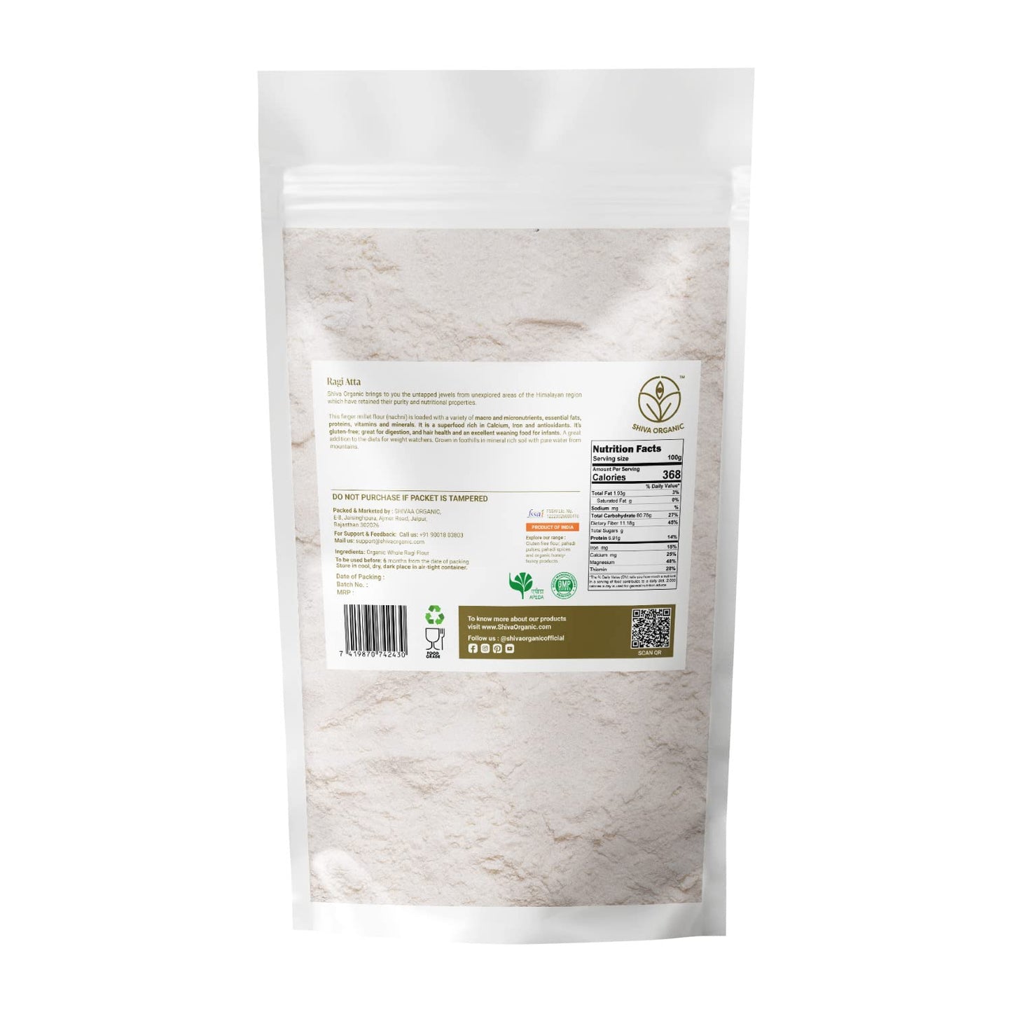 Shiva Organic Ragi Atta - 1.5 Kg | Finger Millet Flour | High Protein, Gluten-Free | Stone Ground, Ancient Grain | Sourced From Nature