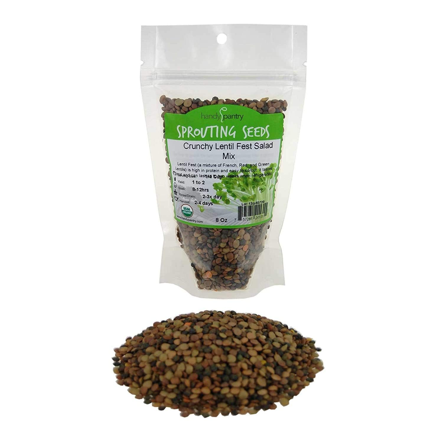 Crunchy Lentil Fest Sprouting Seed Mix - 8 Oz - Handy Pantry Brand - Organic - Green, Red & French Lentils- Edible Seeds, Salad,