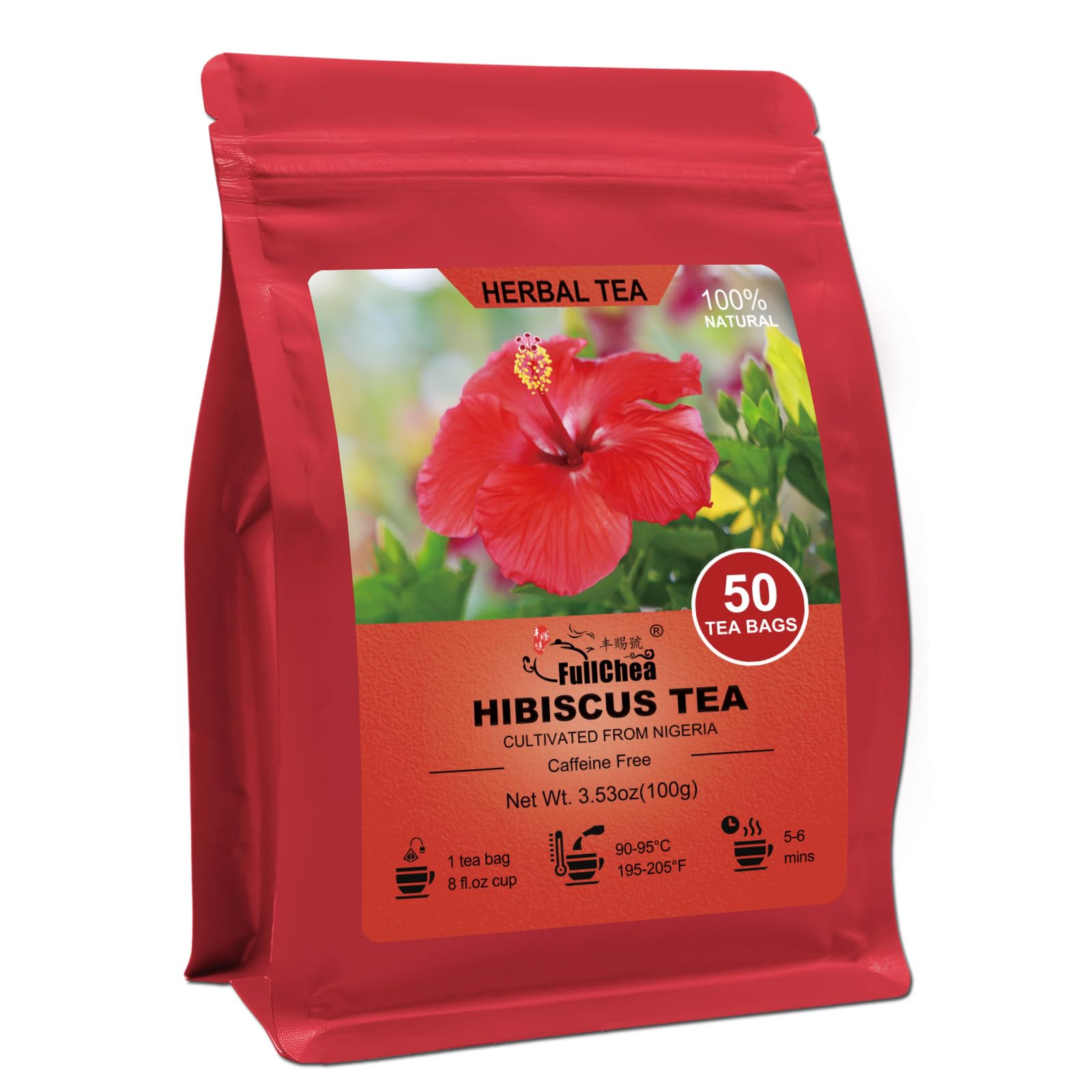 FullChea Hibiscus Tea Bags - Premium Non-GMO, Caffeine-free, 50 Teabags, 2g/bag - Rich in Antioxidants, Supports Digestion