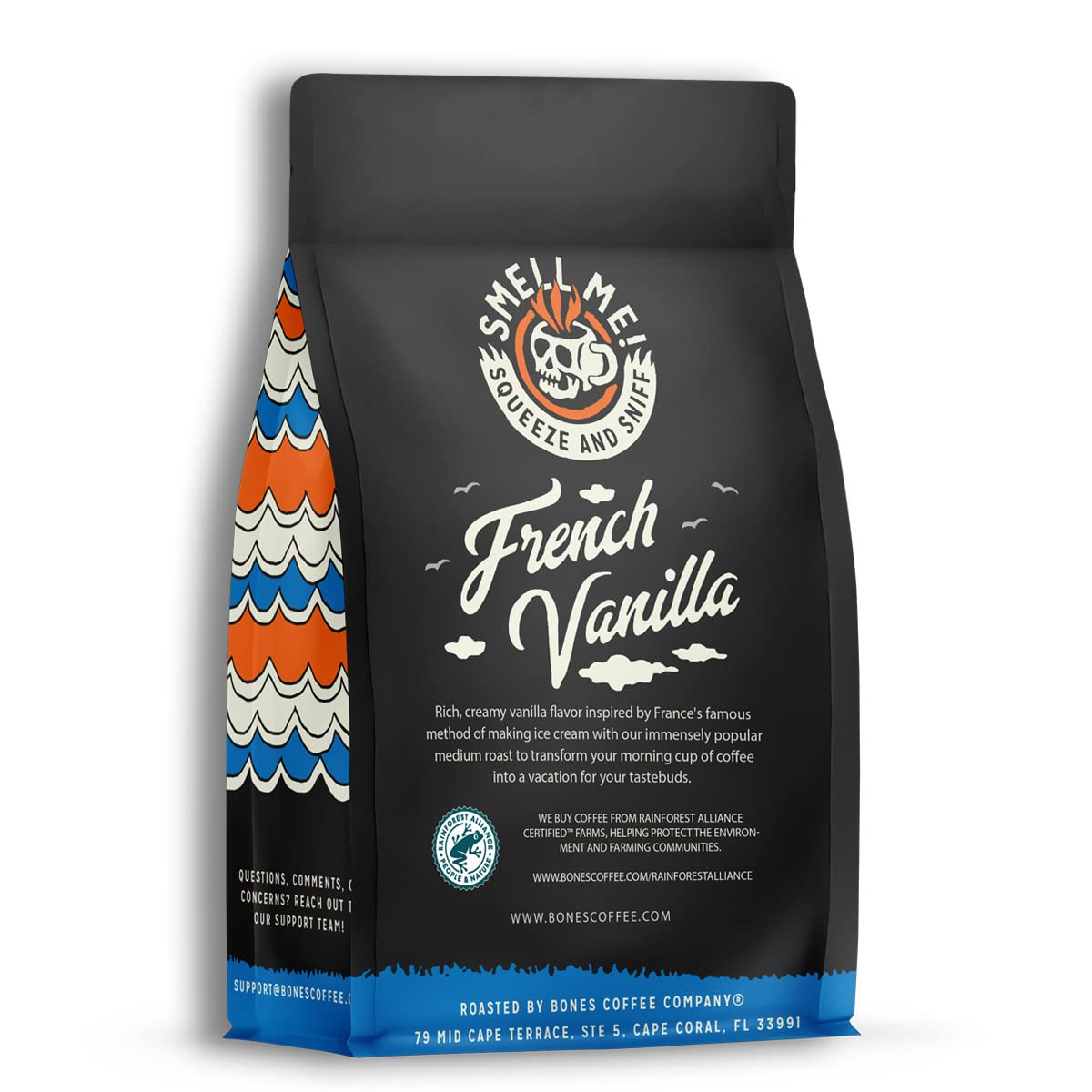 Bones Coffee Company French Vanilla Coffee Whole Coffee Beans, Low Acid Flavored Coffee, Made With Arabica Coffee Beans, Medium