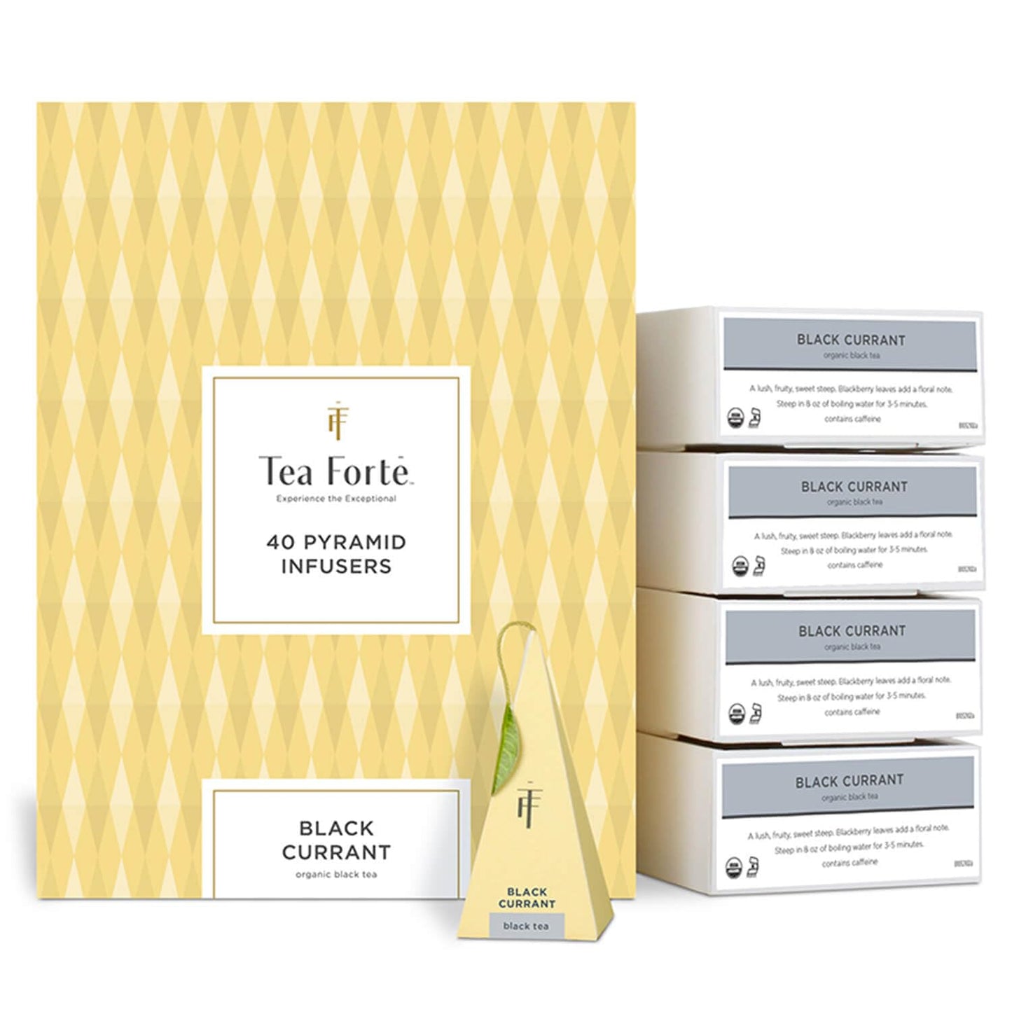 Tea Forte Black Currant Premium Organic Caffeinated Black Tea Blend Event Box, Bulk Pack 40 Count, 10 per tray Individually Wrap
