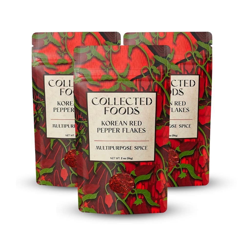 Collected Foods Premium Gochugaru Red Pepper Flakes - Korean Chili Powder for Kimchi & Cooking - Pack of 3 (2oz)