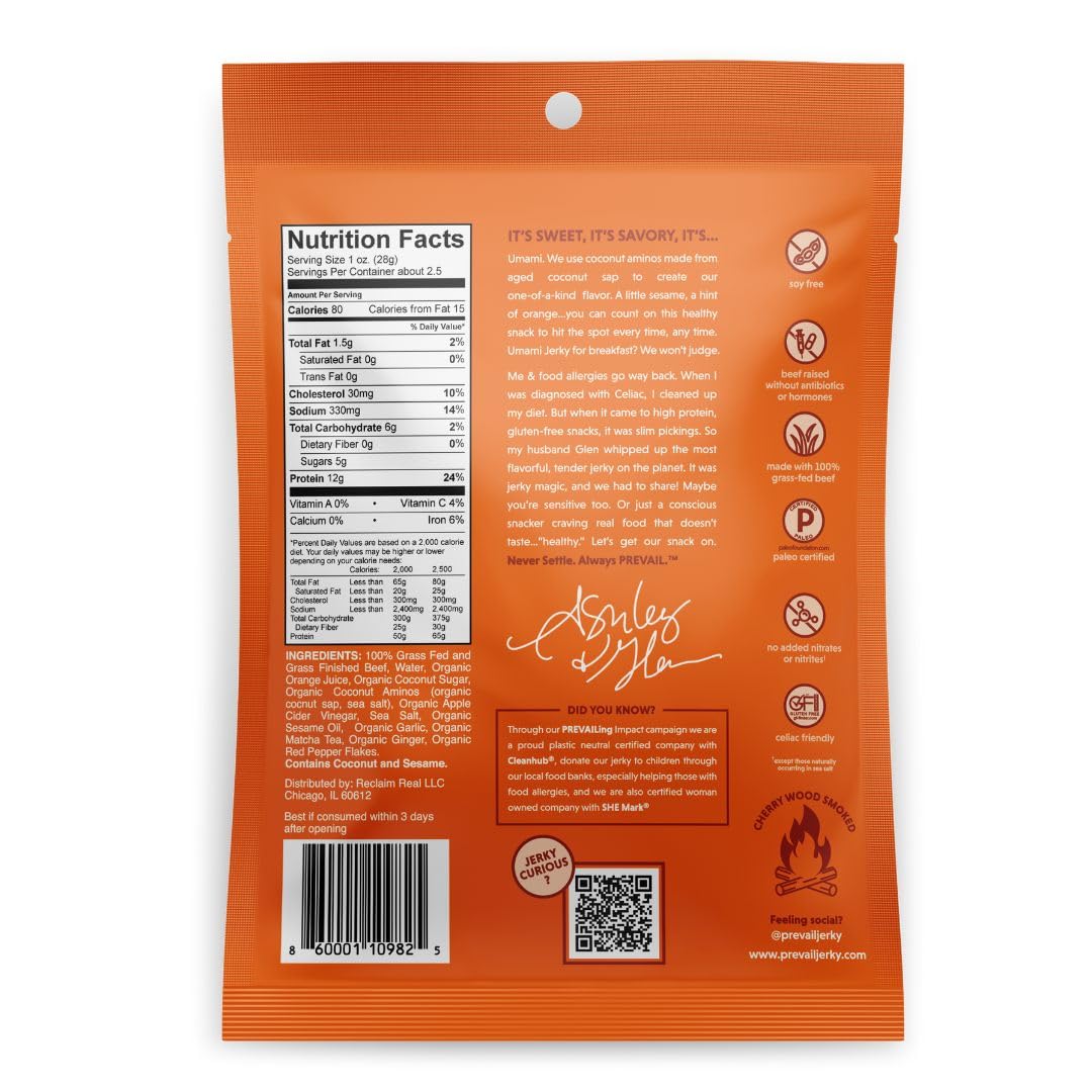 PREVAIL Grass Fed Beef Jerky Variety Pack - Low Sodium, Gluten Free, 4 Bags, 2.25 Ounce Each - Umami, Spicy, Lemongrass, Original