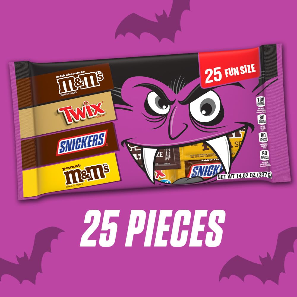 M&MS Fun Size Milk Chocolate  M&MS Fun Size Peanut  SNICKERS Fun Size & TWIX Fun Size Caramel Cookie Milk Chocolate Individually Wrapped Trick or Treat Halloween Candy  25 Ct  14.02 Oz Bulk Bag