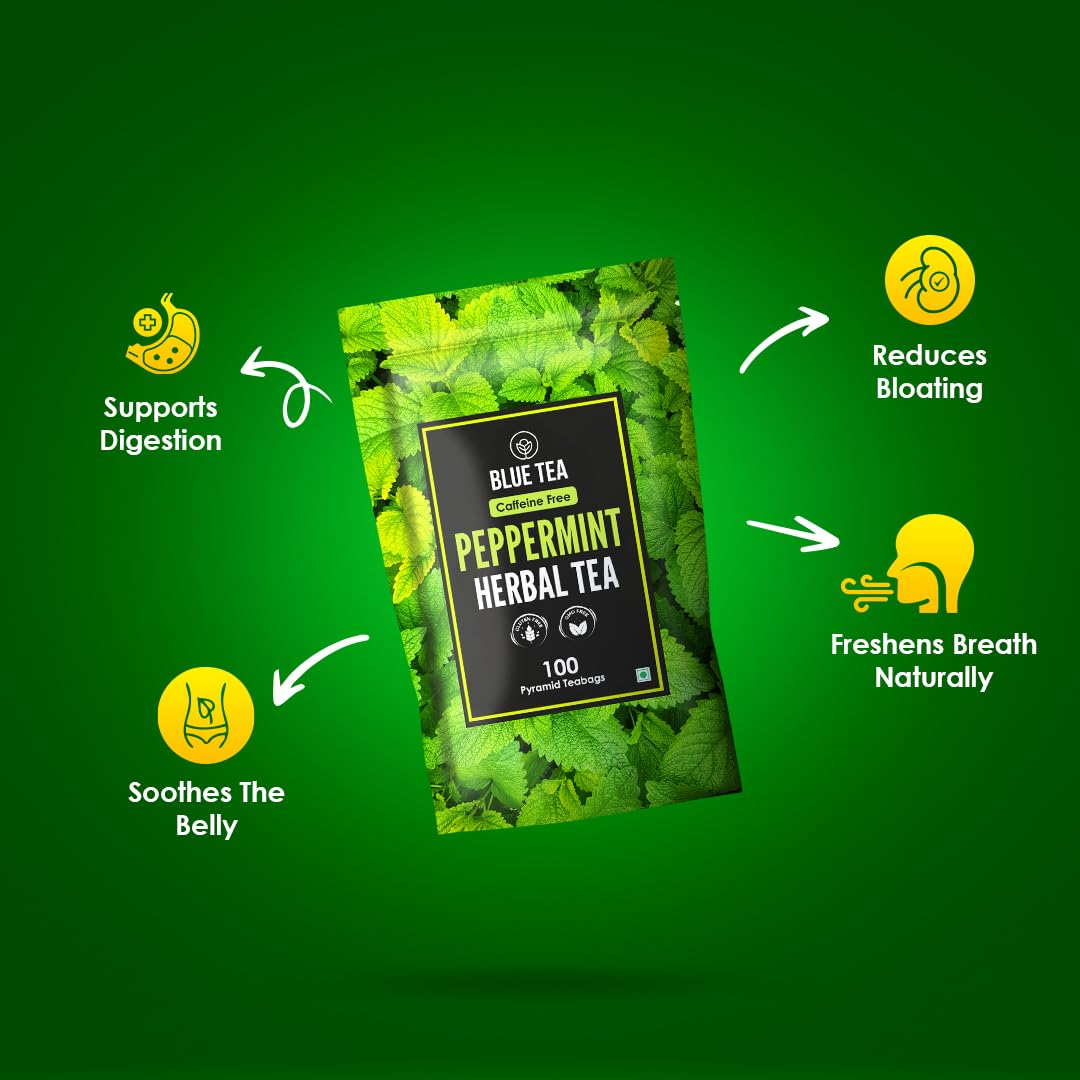 BLUE TEA Peppermint Herbal Tea Bags - Caffeine Free, Antioxidant Rich, 100 Count, Fresh Minty Flavor, Plant Based, Ziplock Pack