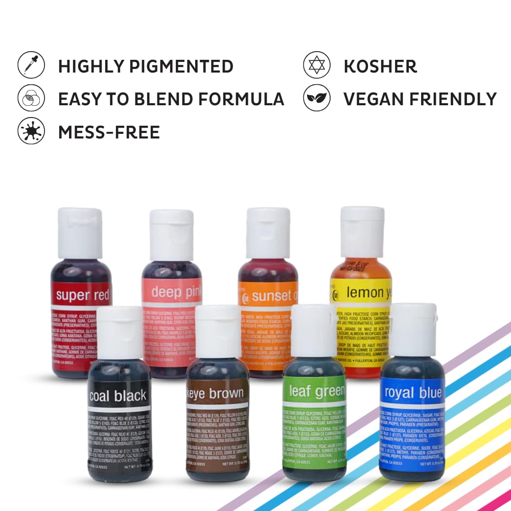 Chefmaster Liqua-Gel Food Coloring - 8 Pack, Vibrant Colors, Fade Resistant - 0.7 Ounce Each, Lemon Yellow