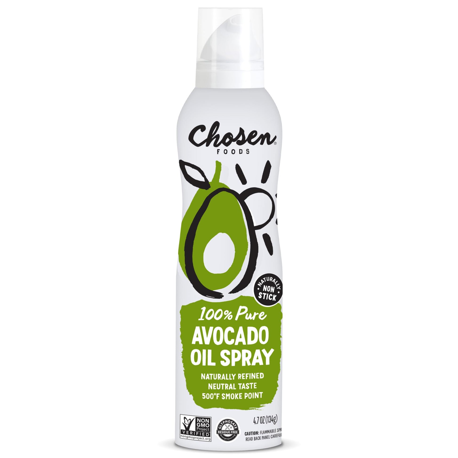 Chosen Foods 100% Pure Avocado Oil Spray 4.7 oz (1 Pack), Non-GMO, 500F Smoke Point, Propellant-Free, Air Pressure Only for High