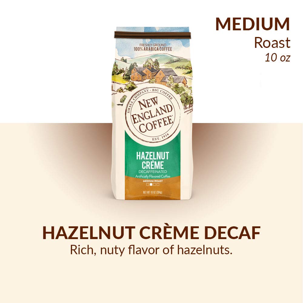 New England Coffee Hazelnut Crme Decaffeinated Medium Roast Ground Coffee, 10oz Bag (Pack of 1)