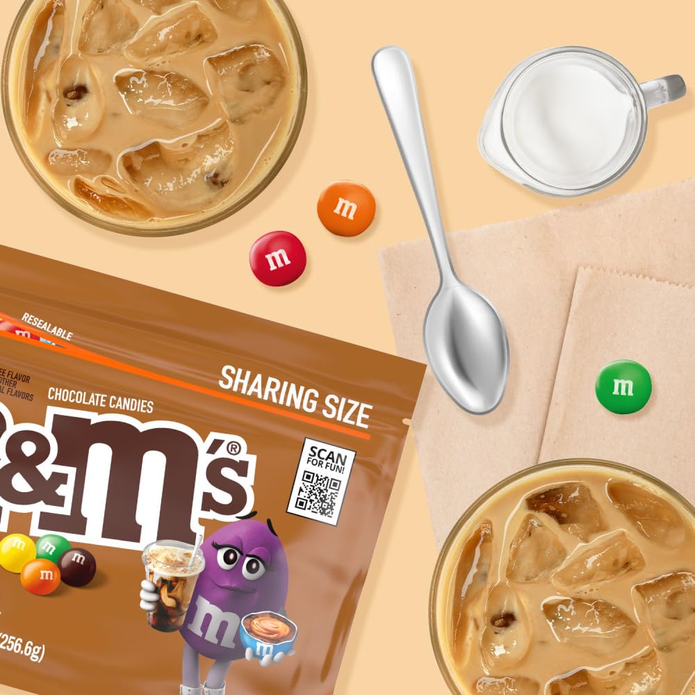 M&M S Caramel Cold Brew Chocolate Candy, Sharing Size, Resealable Bag, 9.05 oz, Pack of 8