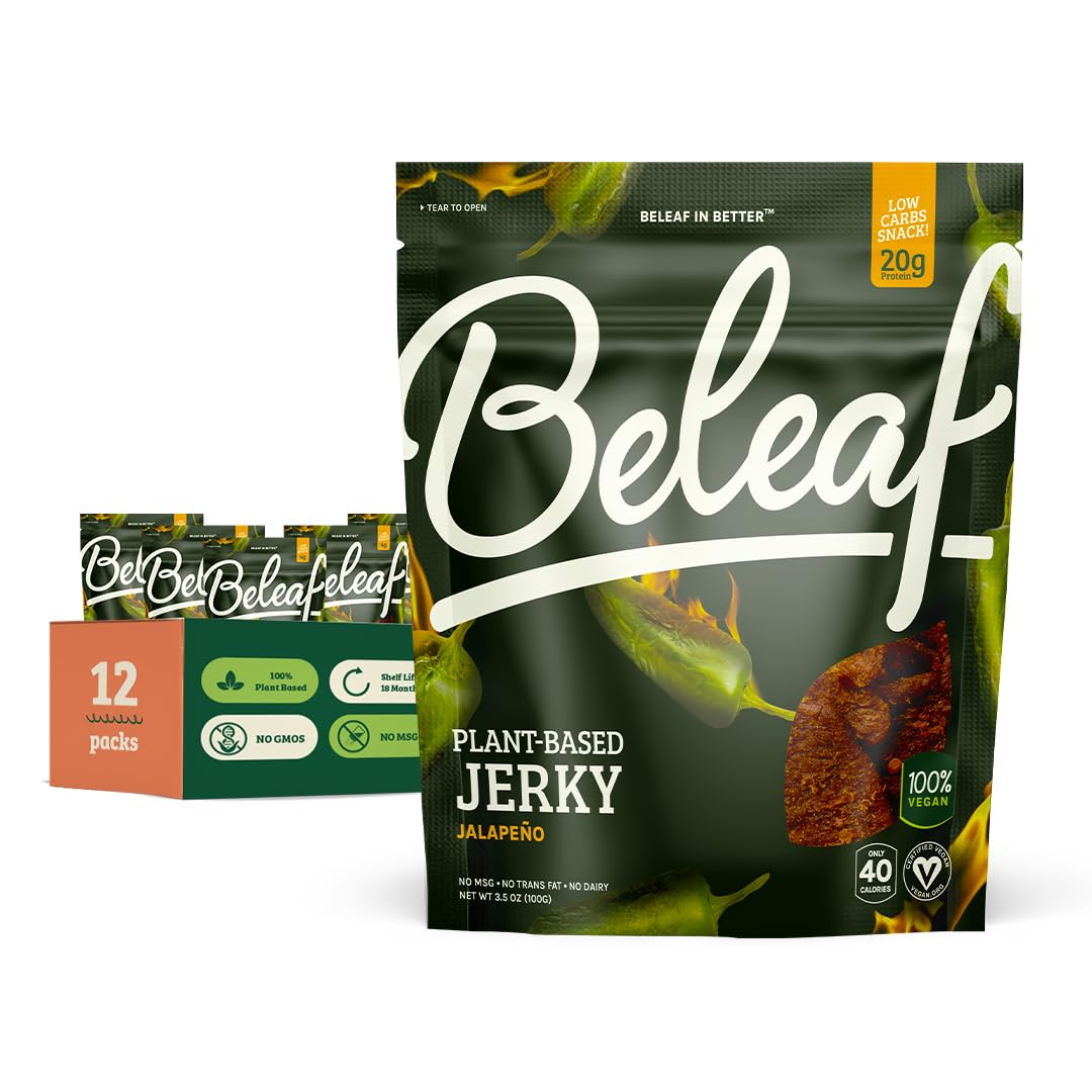 Beleaf Jalapeño Plant-Based Jerky: High-Protein Snack – Healthy And Flavorful Vegan Jerky For On-The-Go Energy – Tasty Meatless, Vegetarian Meat Alternative (12 Pack)